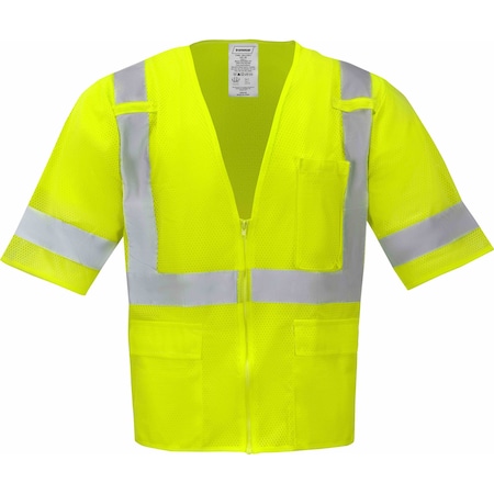 X-Back Polyester Mesh Safety Vest Class 3 W/ Zipper & Radio Clips (Lime/2X-Large)